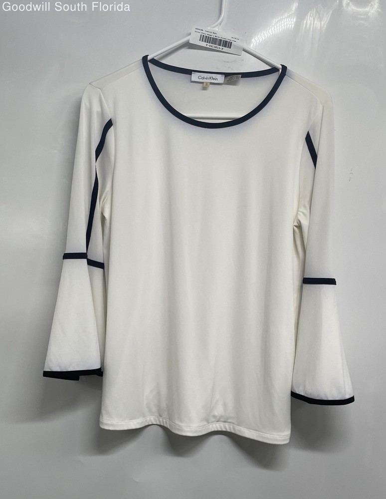 Calvin Klein Womens White Contrast Trim Bell Sleeve Pullover Blouse Top Size S