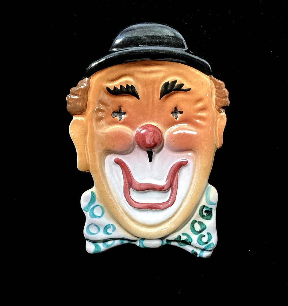 Mid-Century Hand-Painted Ceramic Italian Clown w Bowtie Wall-Hanging Plaque Dish