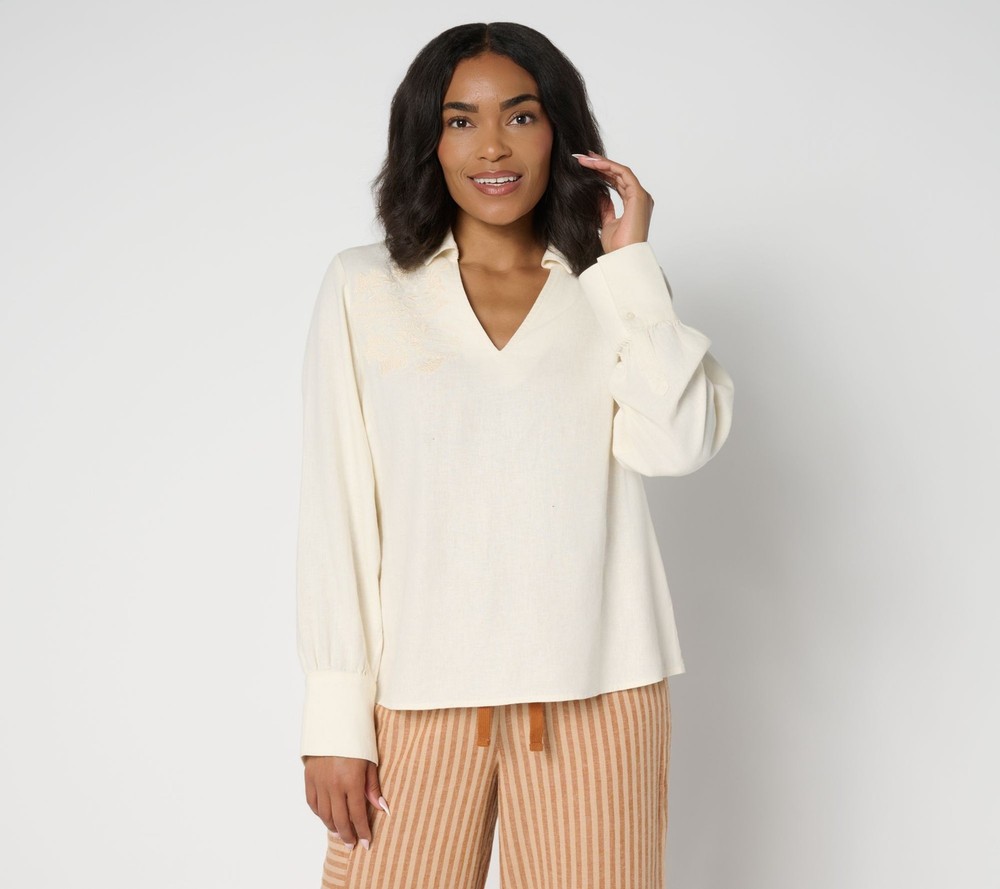 Peace Love World Women's Top Sz M Boheme Embroidered Linen Blend White A691697
