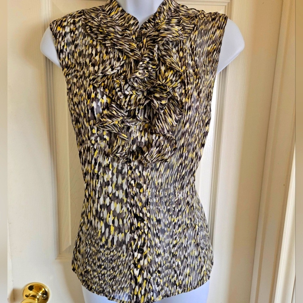 Tahari Sleeveless Button Up Blouse w/ruffled Bodice Womens Small Multi-colored