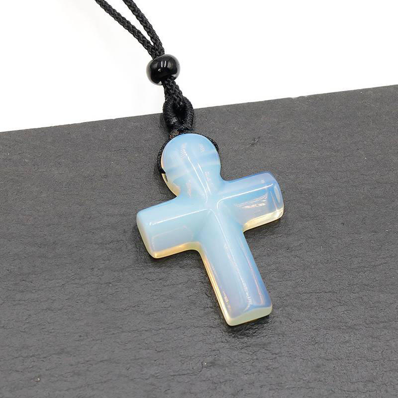 Natural Opal Quartz Crystal Cross Pendant Healing Gemstone Lucky Charms Necklace