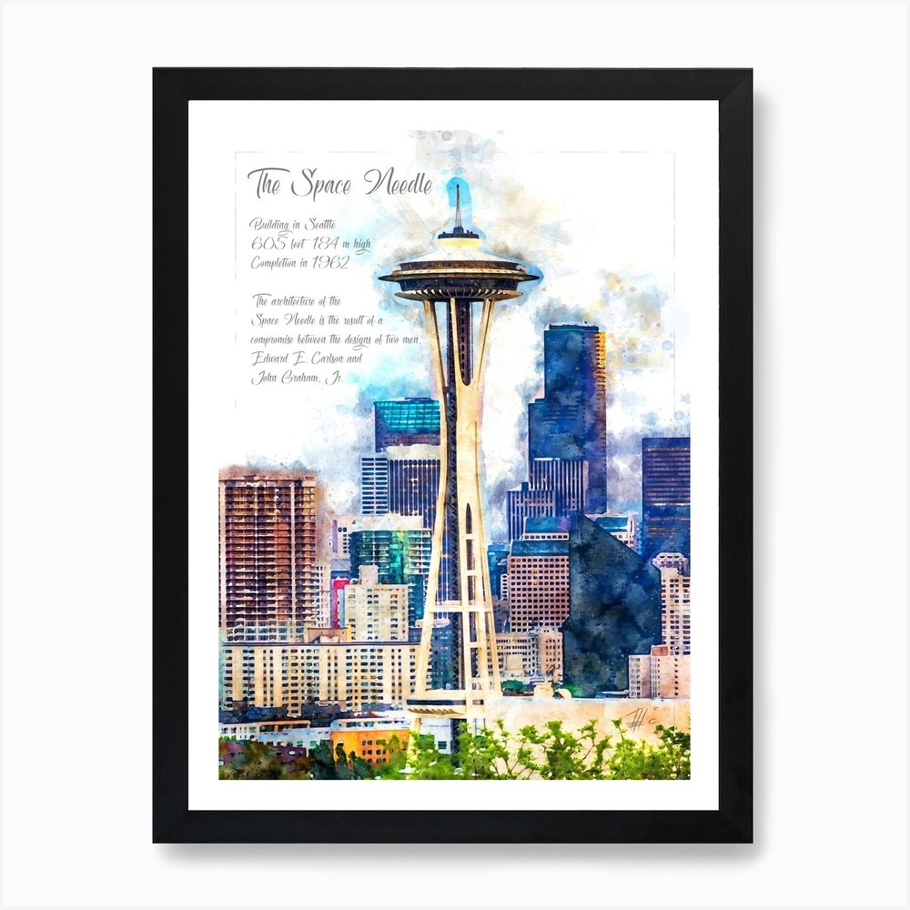 Space Needle Seattle Watercolor Art Framed Canvas Wall Decor Print