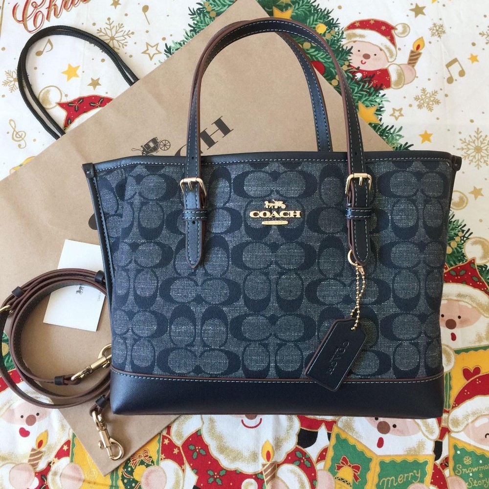 COACH CH228  Denim Navy Canvas  Leather 2-Way Tote Shoulder Bag Zip  Pocket