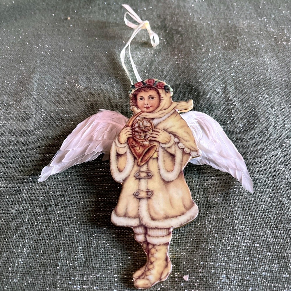Russ Berrie Victorian Tidings Angel Christmas Porcelain Ornament W/ Feather Wing