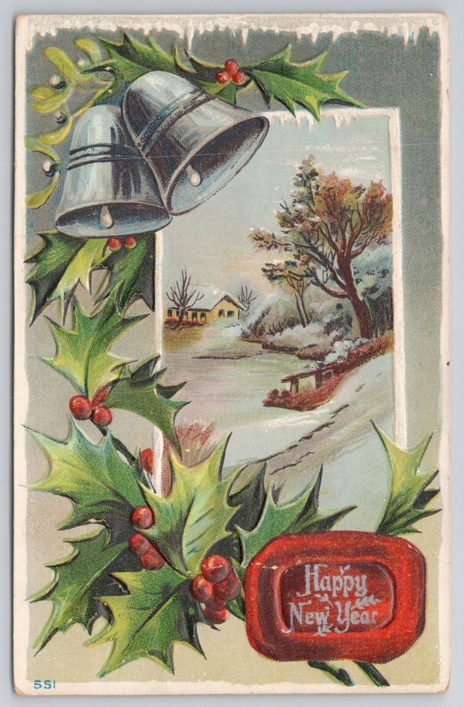 Vintage Embossed Happy New Year Postcard Silver Bells Holly Winter Scene