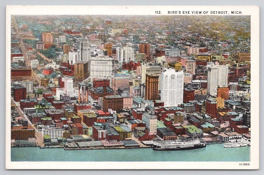 Vintage Detroit Michigan Bird's Eye View City Skyline Waterfront Postcard