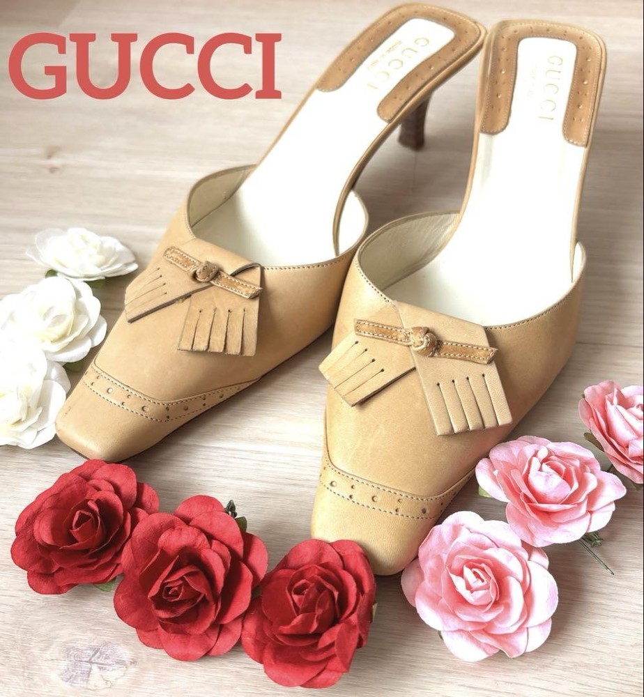 Vintage GUCCI Beige Leather Fringe Mules Size 23-23.5 US 6-6.5