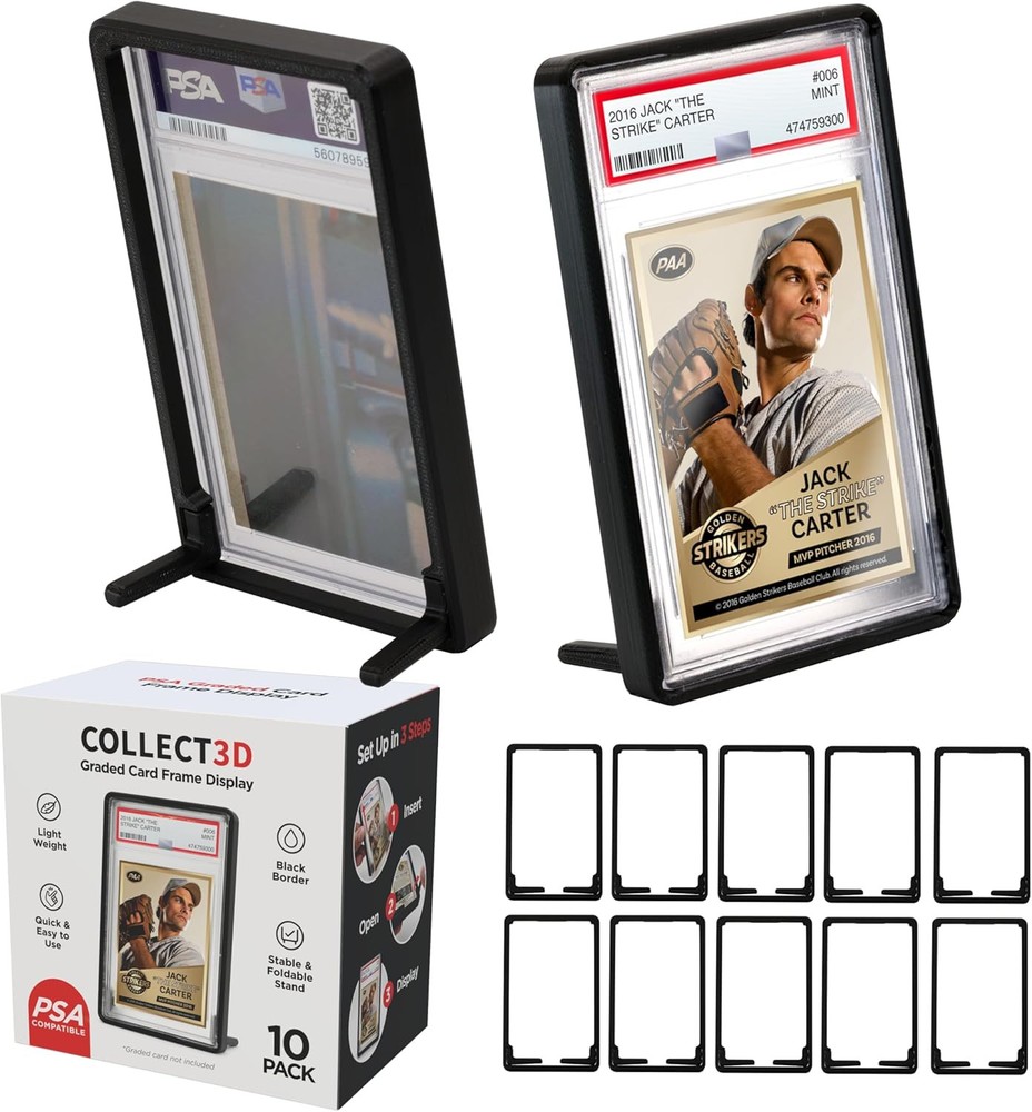 Graded Trading Card Frame Display with Folding Stand | 10 Pack (Black) Black