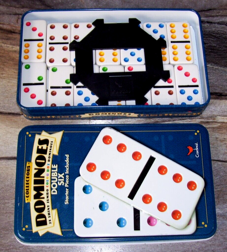 Cardinal Double 6 Color Dot Dominoes In Tin no. 510C with Starter Piece
