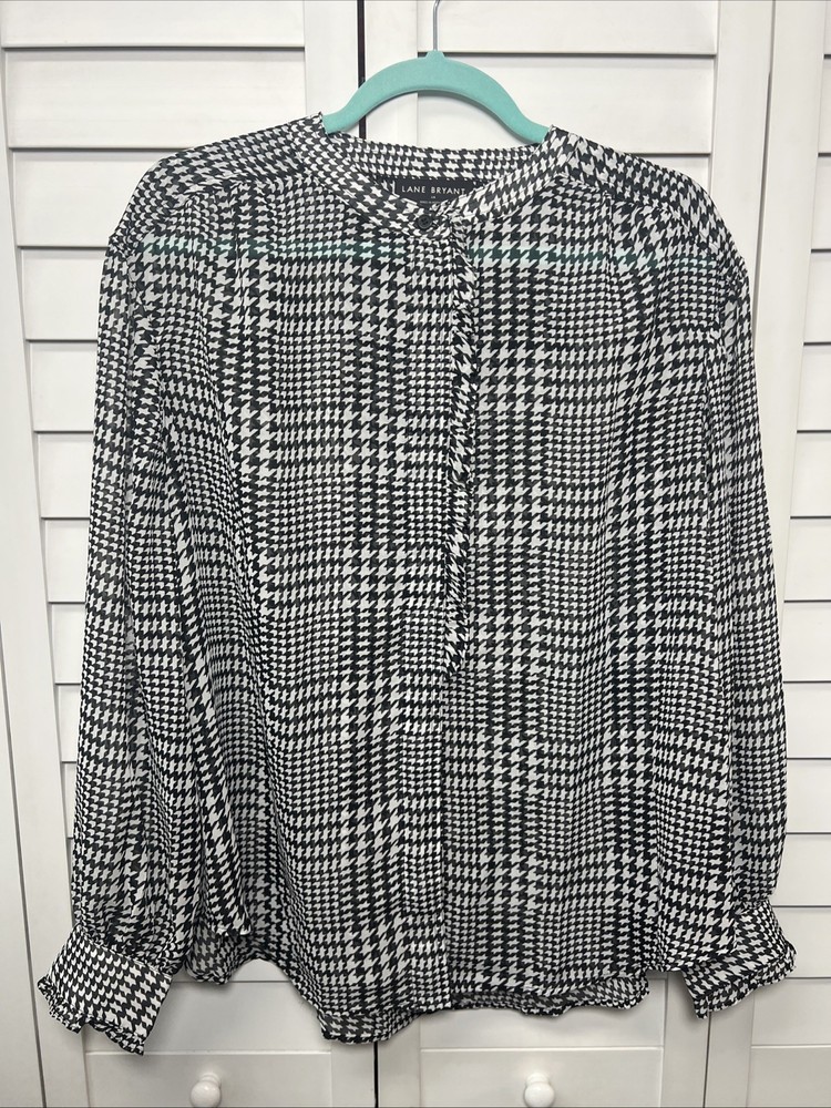 Lane Bryant Black White Houndstooth Chiffon Ruffle Button Down Top Size 14