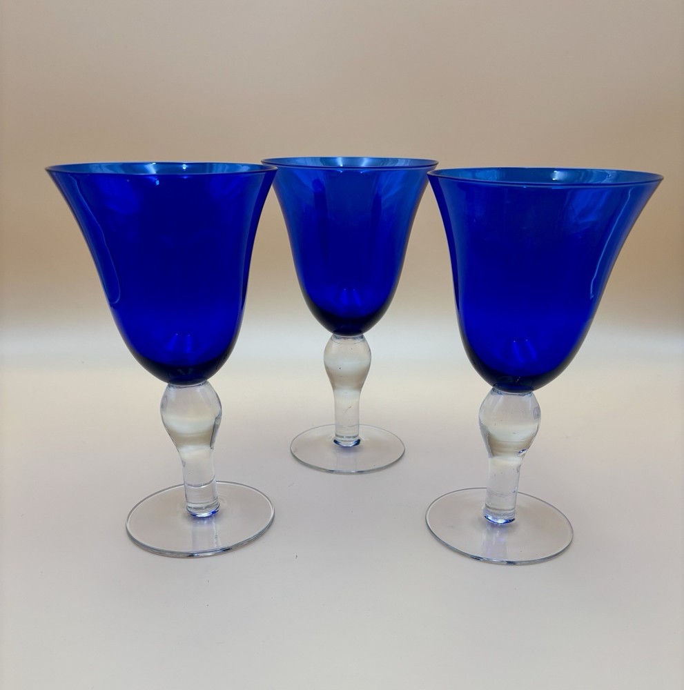 Set of 3 Cobalt Blue Glass Goblets Clear Stem Wine Glasses 8” Vintage Style