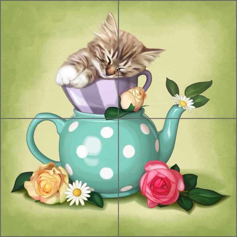 Ceramic Tile Mural Backsplash Cazenave Kitten Tea Pot Kitchen Art MC2-010a