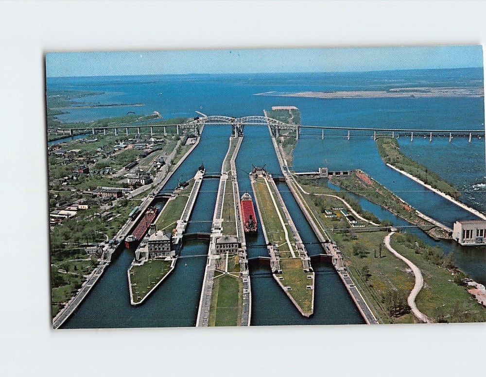 Postcard  Aerial View Of The Soo Locks Sault Ste Marie Michigan