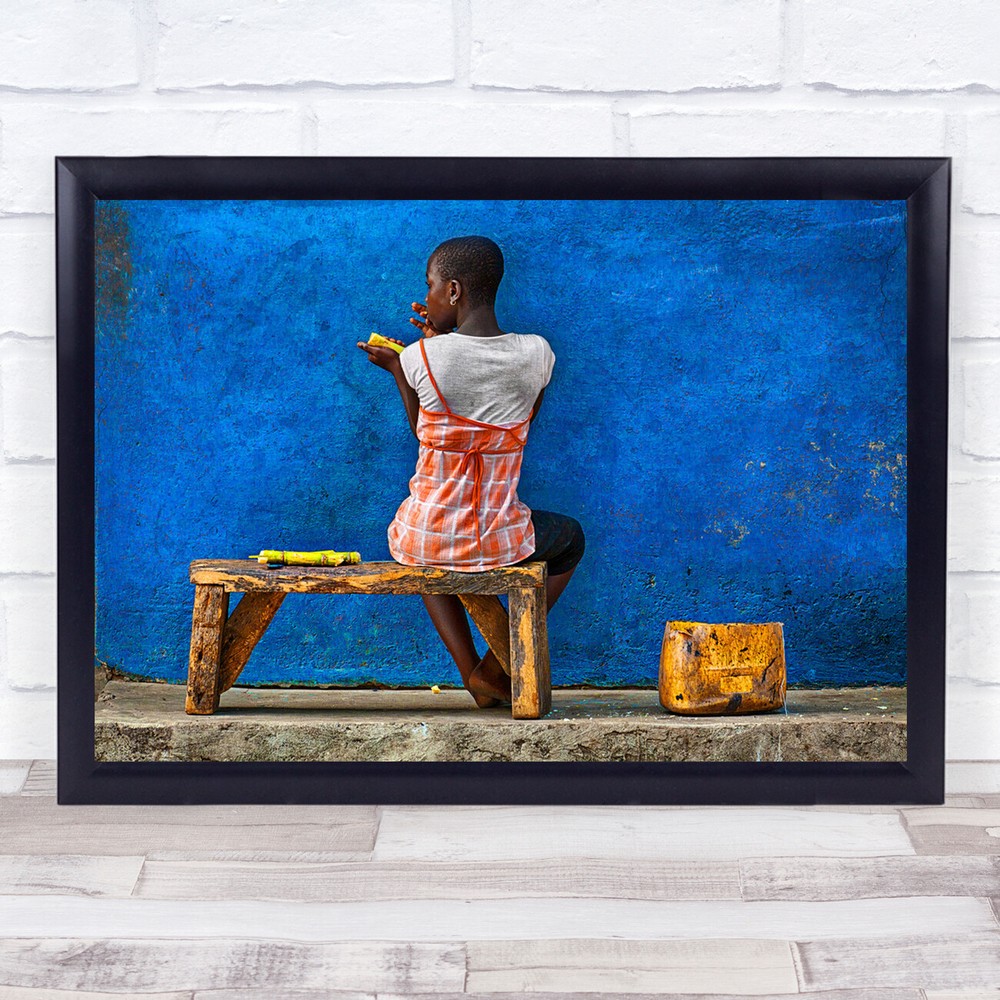 Blue Street Wall Eat Eating Sugar Cane Woman Female Girl Accra Wall Art Print