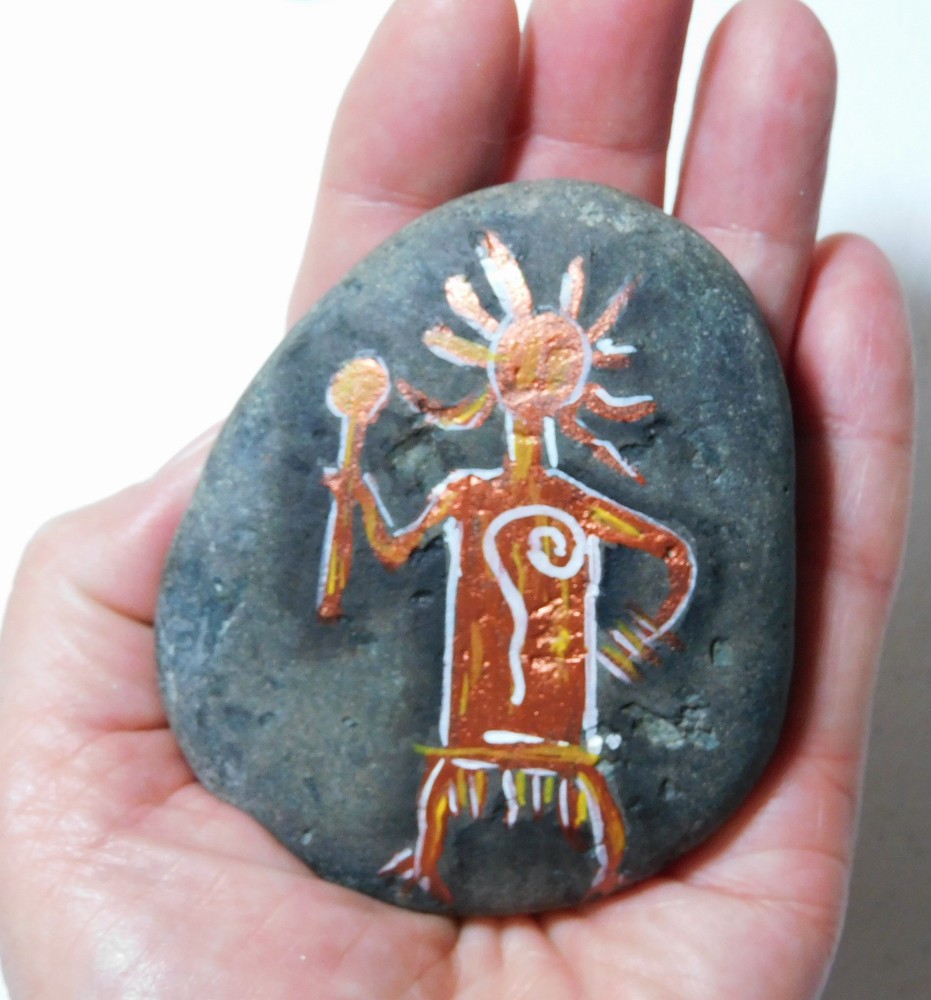 Hand painted rock Stone art with Native cave art & feather 2 sided painting