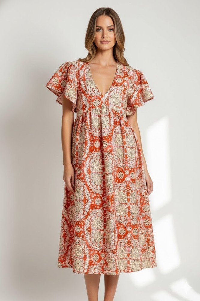 Anthropologie Maeve Printed Flutter Sleeve Babydoll Dress Size M NWT