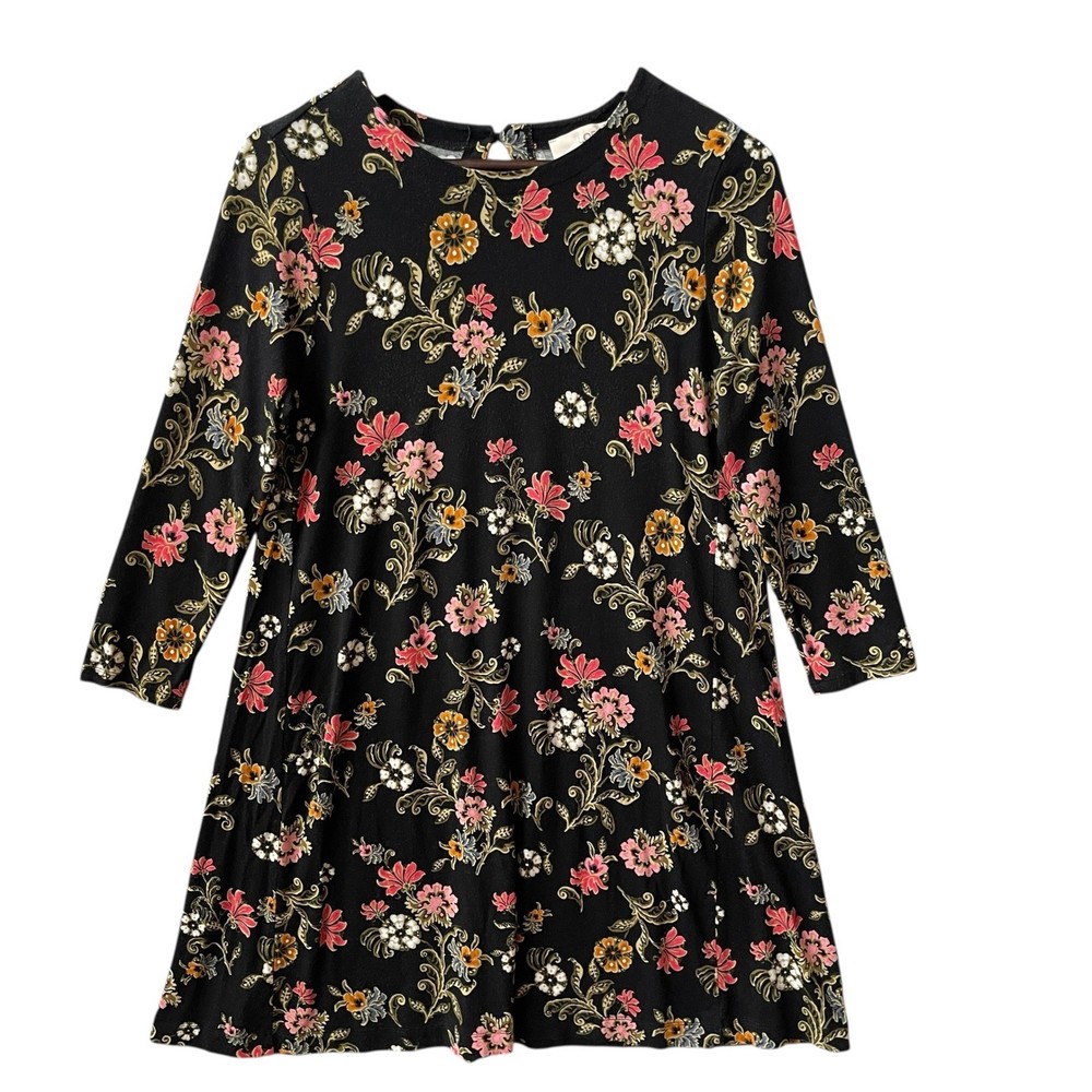 LOFT Black Floral Print Long Sleeve A-Line Dress Women's Size S