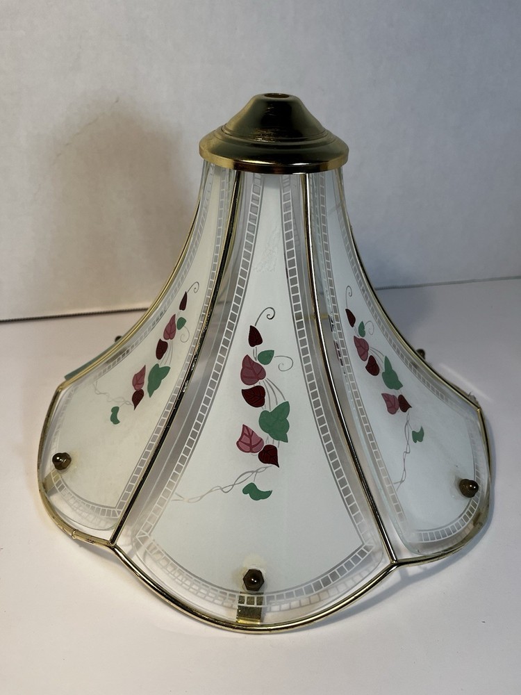Vintage 3 Way Brass Touch Desk Lamp Shade with Pink Floral - 6 Glass Panels -