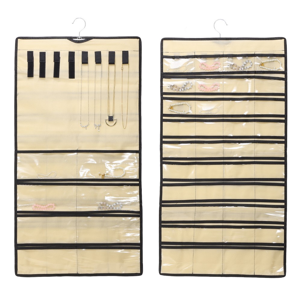 Dual-Sided Beige Jewelry Organizer with 48 Pockets and 8 Hook Loops