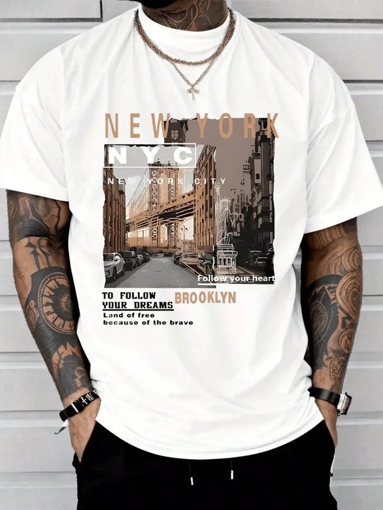 Men's Casual Cotton Streetwear Street View Of Brooklyn New York T-Shirt