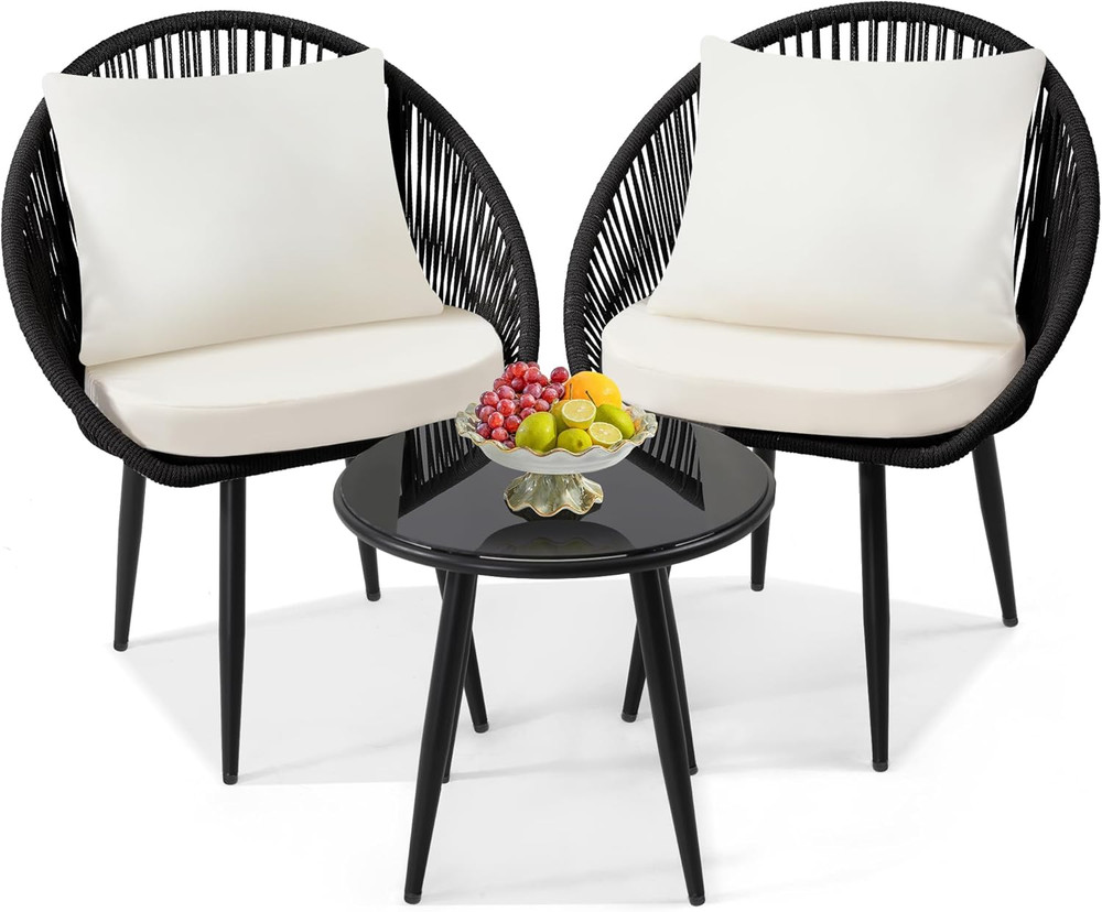 3 Pieces Bistro Set, Woven Rope Chair with Cushions, All Weather Patio Conversat