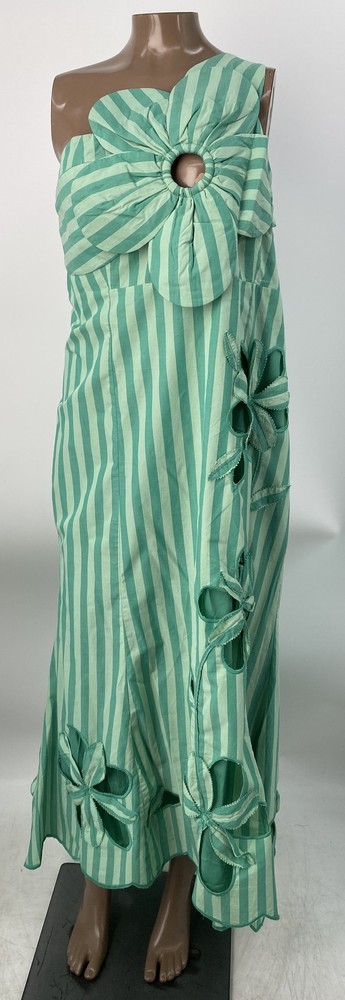 Maeve Womens Midi Dress Green Size XL Amara One Shoulder Cutwork Striped Cotton