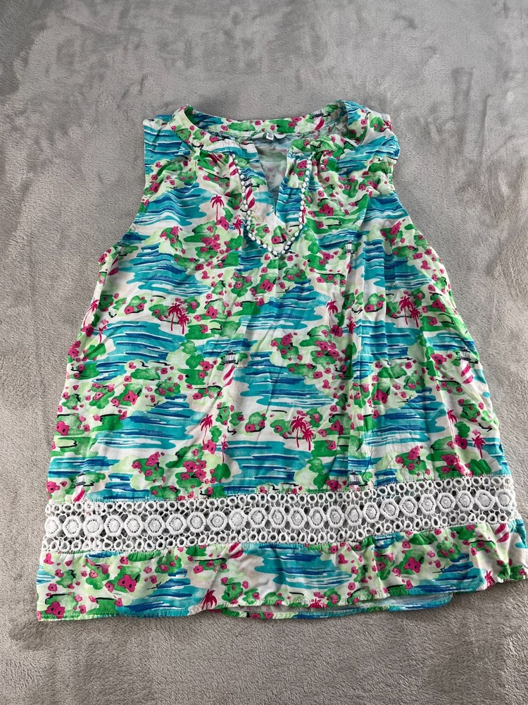 Crown & Ivy Sleeveless Top  Womens XL Blue Scenic Beach Print Crochet Boho