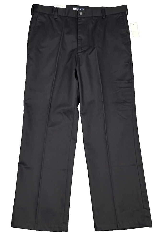IZOD American Chino Pants Mens 36x30 Black Straight Flat Front Wrinkle Free NEW