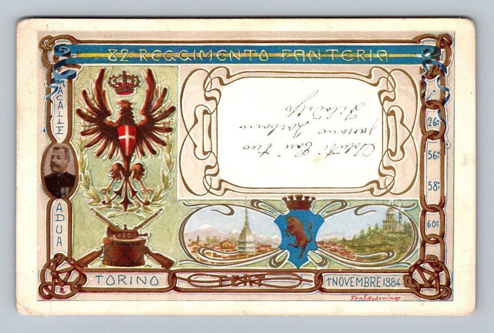 Italy- Greetings 82 Infrantry Regiment Turin 1884 Old Card PC Vintage Postcard