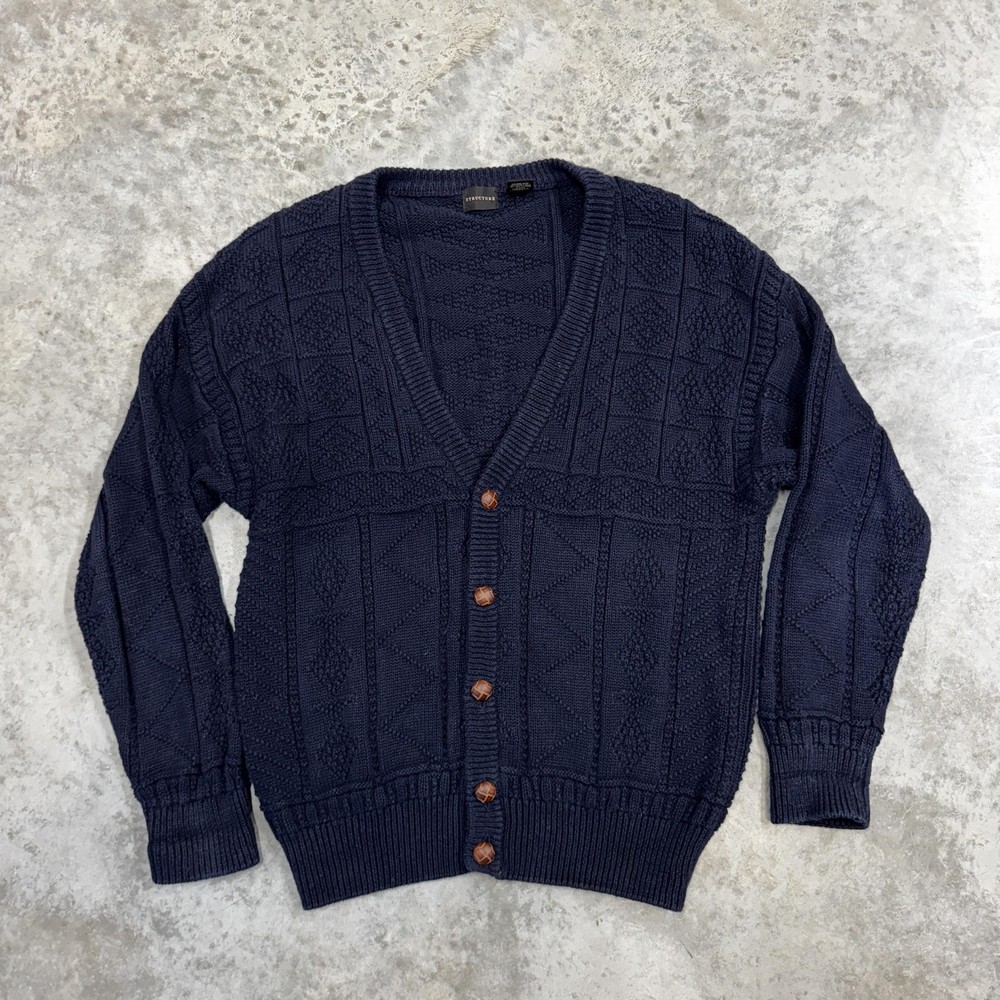 Vintage Structure Sweater Mens Medium Blue Cardigan V Neck Geometric Knit 90s