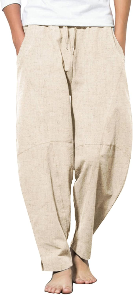 Men'S Linen Harem Drawstring Pants Casual Elastic Waist Lightweight Trouser Hipp