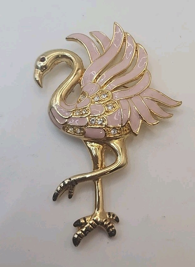 Vintage Enamel & Rhinestone Pink Flamingo Pin/Pendant W/Red Rhinestone Eye 3