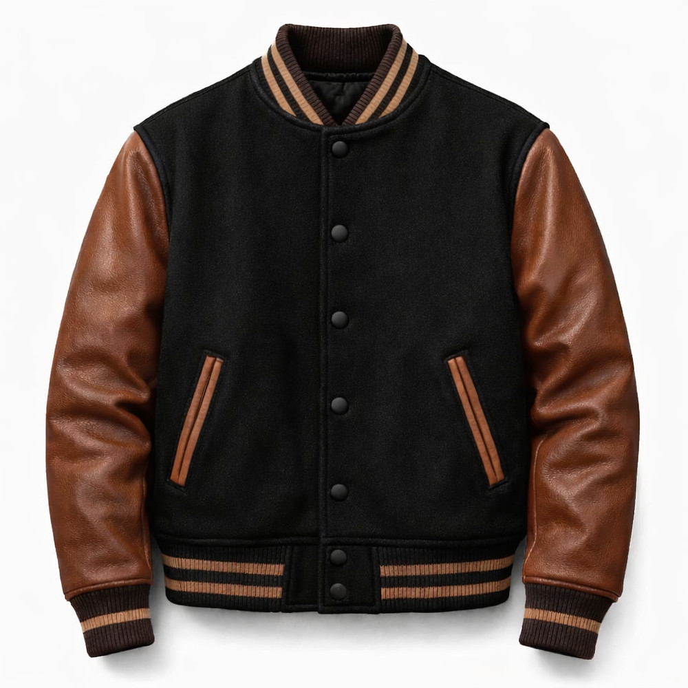 Men’s Black & Brown Varsity Jacket Classic Wool & Leather Letterman Bomber Coat