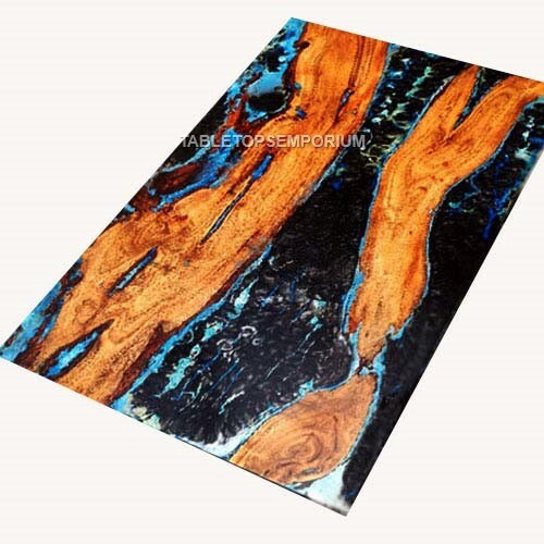 Deep Blue Resin Acacia Wood Luxury Custom Solid Oak Resin Lichtenberg Dine Table