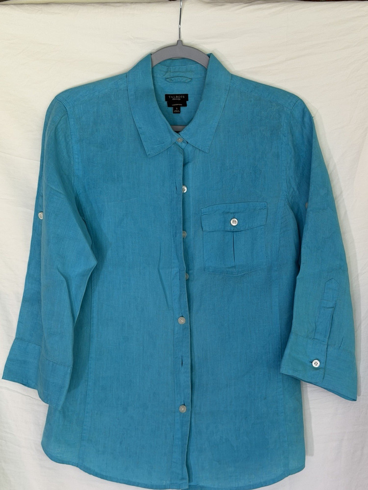 Talbots Irish Linen Blouse Blue Collared Button-Up 3/4 Sleeve Size S