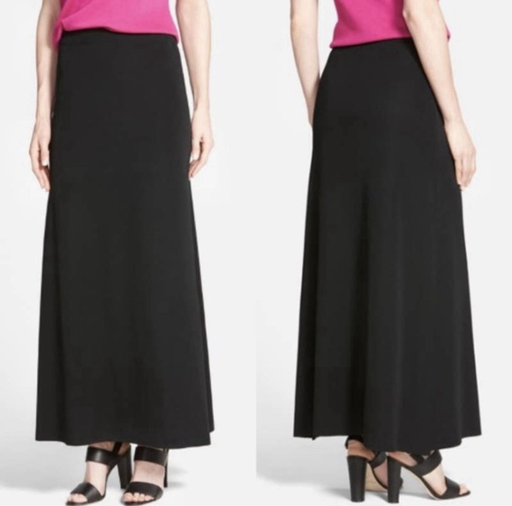 Ming Wang Black Maxi Skirt 1X Black Pull On Elastic Waist, Stretch, Slit Womens