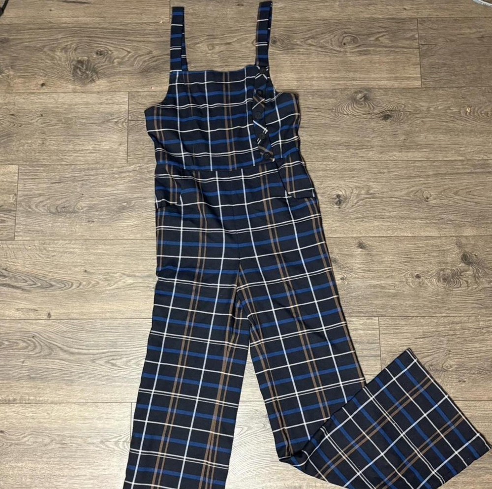 ZARA WOMAN Plaid Wide-Leg Sleeveless Jumpsuit XS Navy Brown Blue White