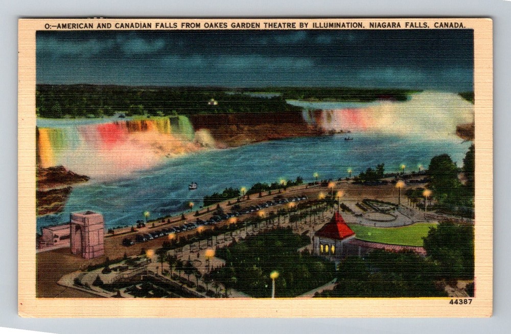 Canada- Niagara & American Falls Illuminated At Night Old Vintage c1950 Postcard
