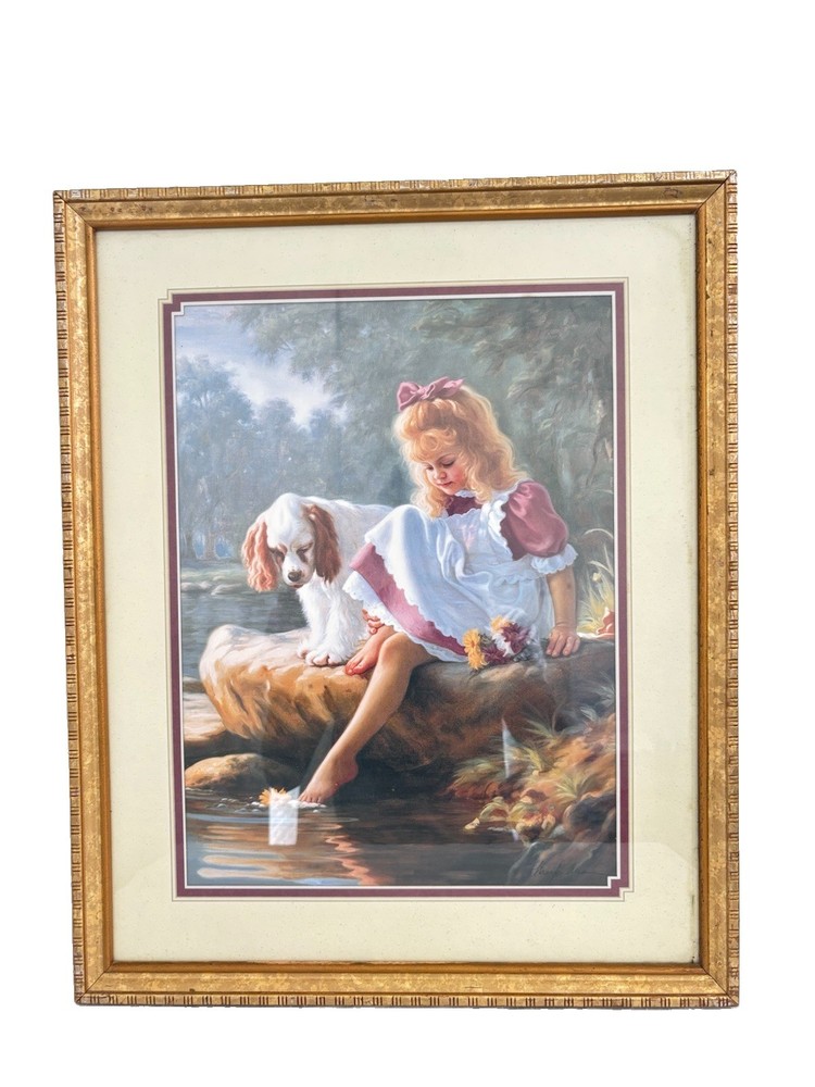 Vintage Homco Framed Picture Girl With Cocker Spaniel Home Interior Made In USA