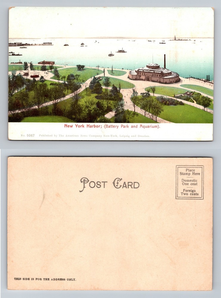 New York, NY-New York, Battery Park and Aquarium Harbor View Vintage Postcard