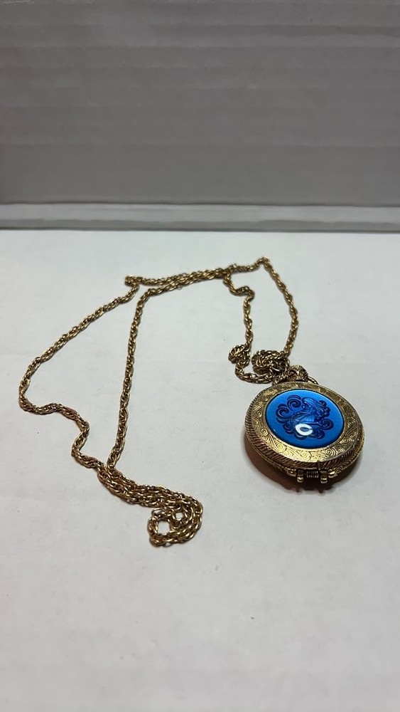 Vintage Locket Necklace Blue Enamel Design Parfume Holder