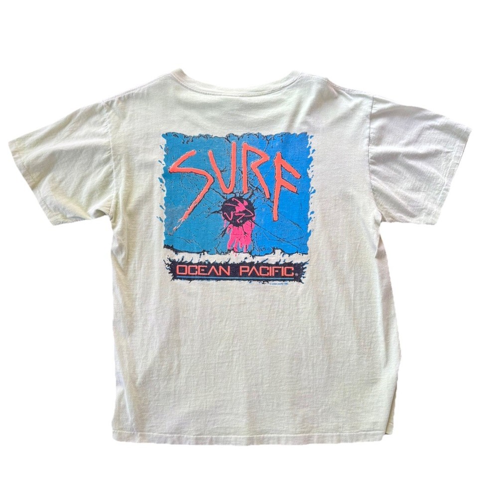 Vintage Green Neon Ocean Pacific Logo Shirt Sz L Made In USA Surf 90s 21.5x29.5