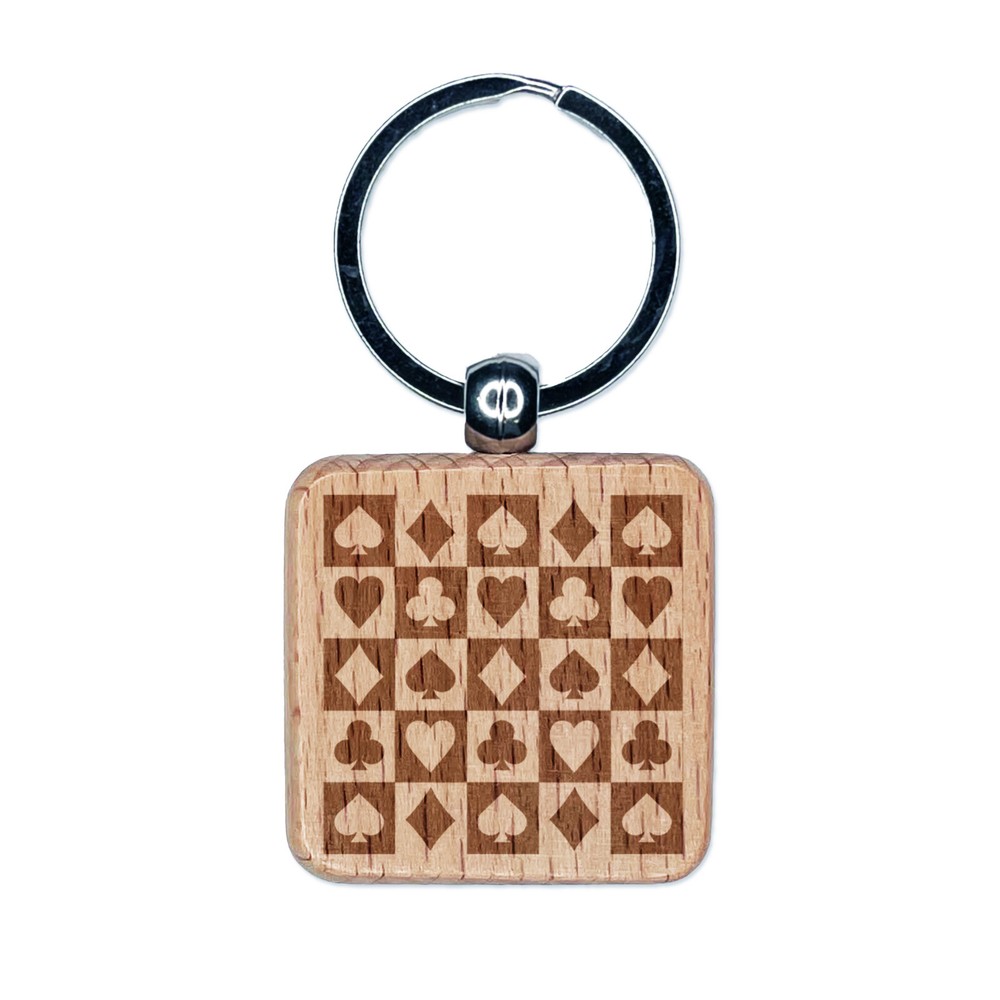 Checkered Card Suits Games Engraved Wood Square Keychain Tag Charm