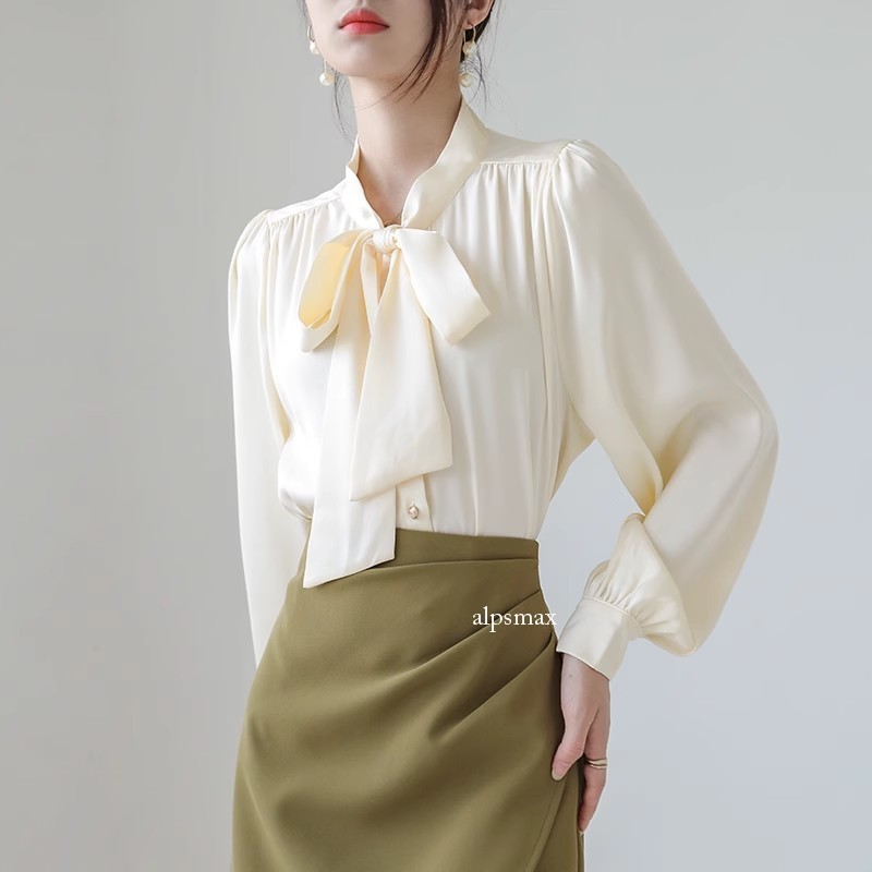 New Apricot Round Neck Lace Up Shirt Long Sleeved Bow Tie Shirt Women Autumn Top