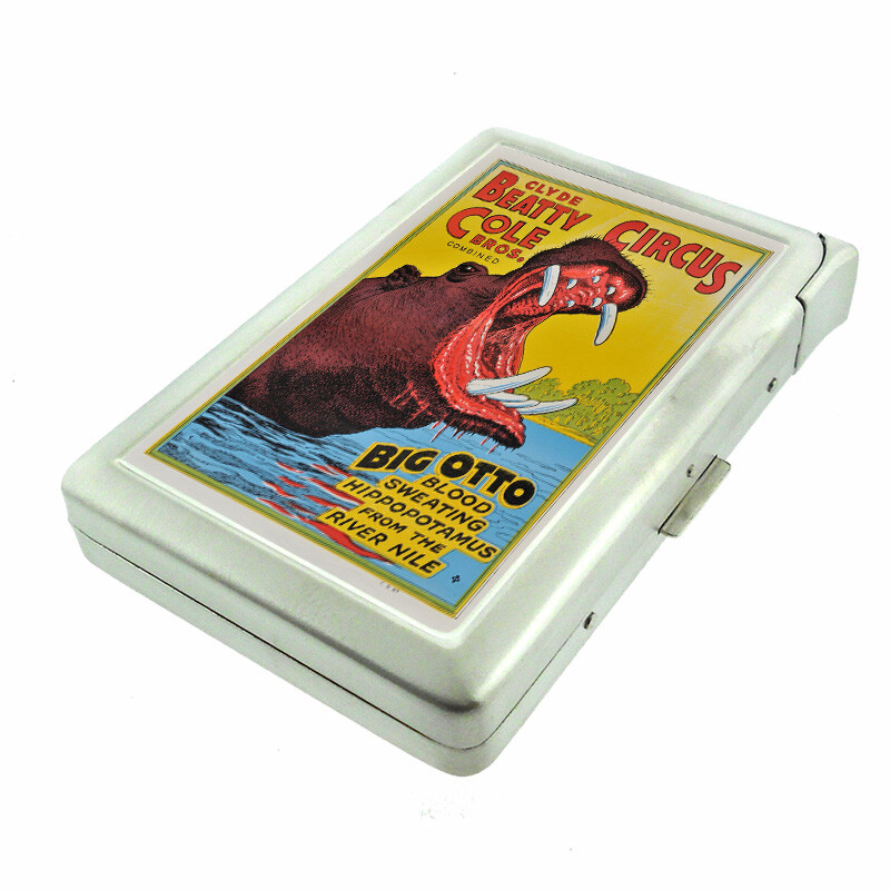 Circus Hippo Em1 100's Size Cigarette Case with Built in Lighter Metal Wallet