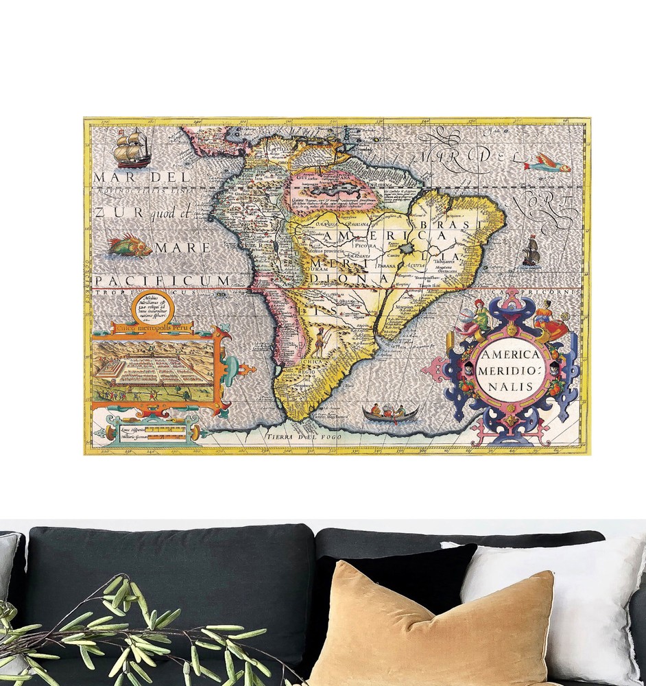 South America Framed Canvas Print  Vintage old Map Wall Art Decor   36