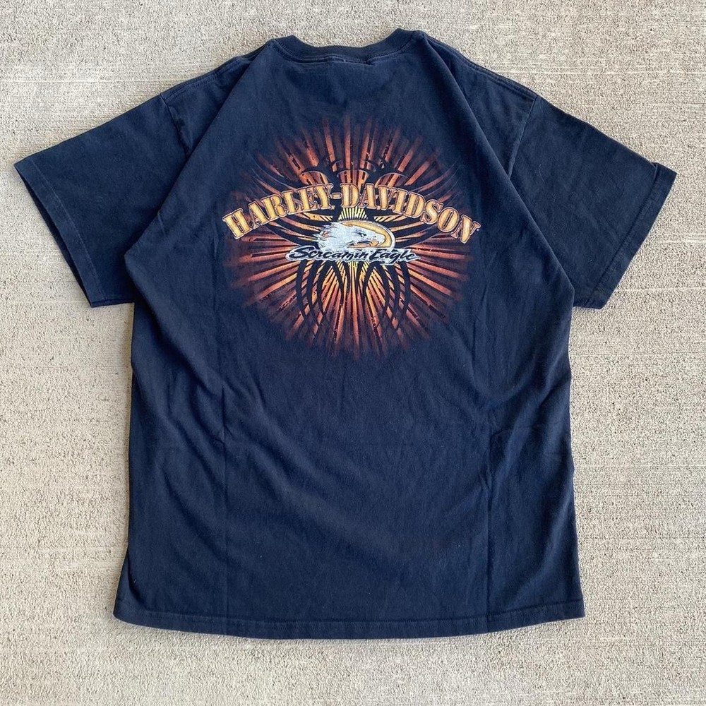 Vintage Y2K Harley Davidson Eagle Pocket Tee Large Black Biker Motorcycle