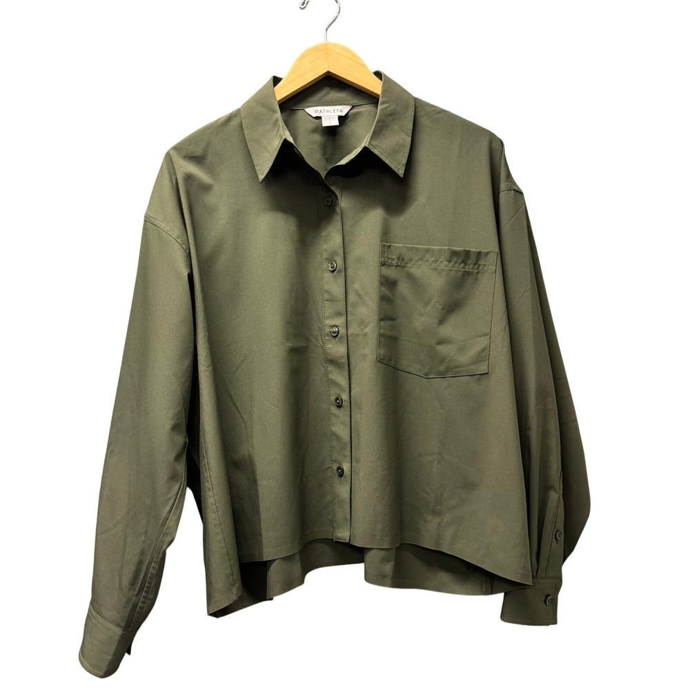 Athleta Tech Shirt Womens Large Green Cropped Stretch Button Up Long Sleeve