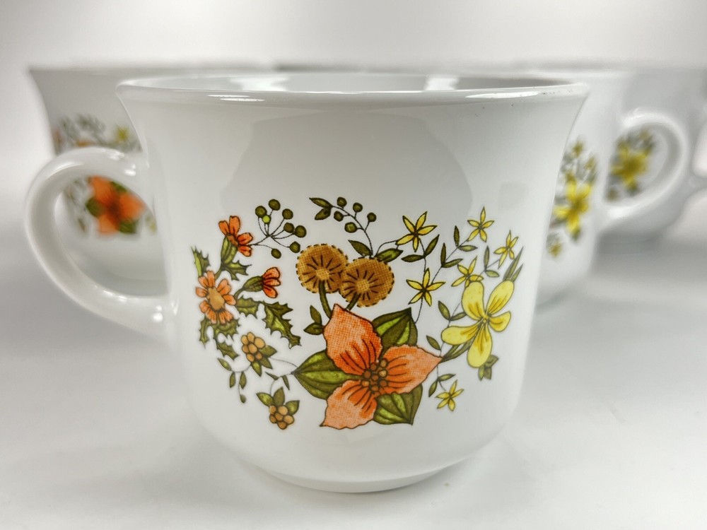 6 Corelle Corning Ware Indian Summer Tea  Coffee Cups  Orange Yellow Flowers