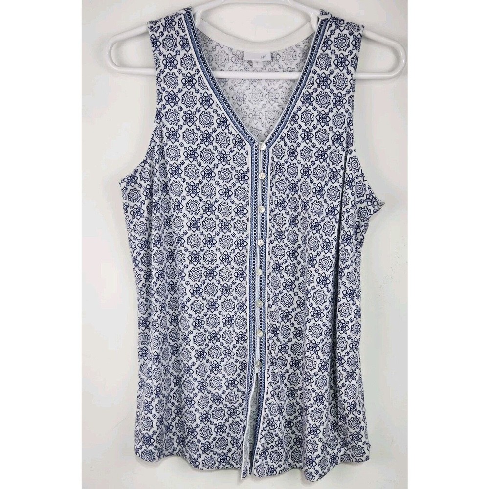 J. Jill Blue Sleeveless Tunic Embroidered Button Down V-Neck Floral Top Large